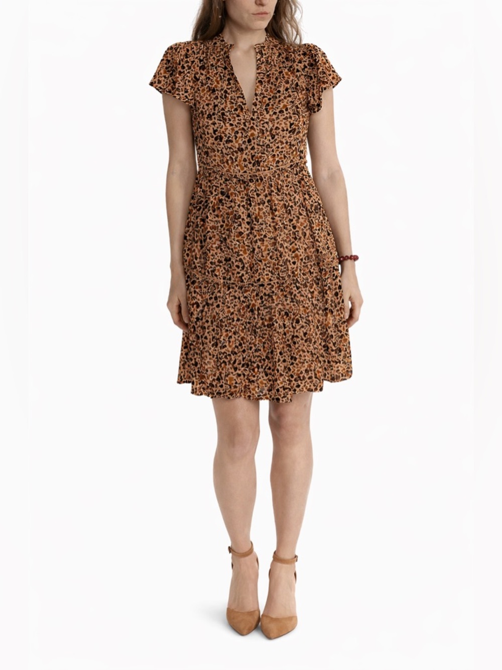 Anthropologie Leopard Print Mini Dress XXS Brown Black V-Neck Ruffle Sleeve Boho